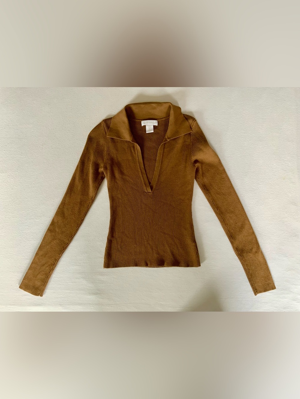 House of Harlow 1960 Brown Ribbed Knit Fitted Collared Top Long Sleeve Size S